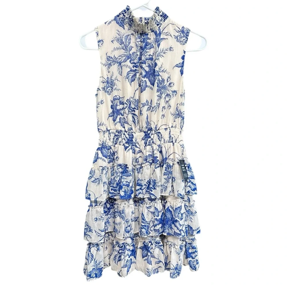 Express • Blue & White Tiered Floral Dress • Size XS - Picture 2 of 8